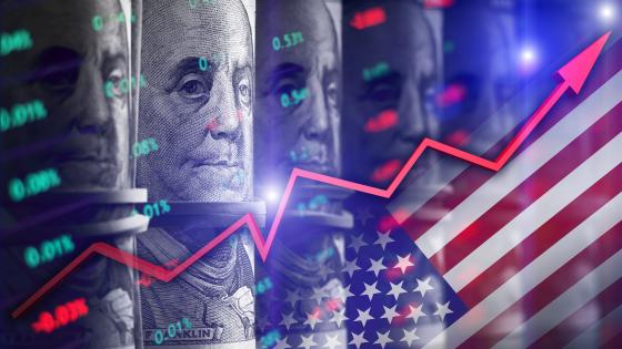 US flag, dollars and chart trending upwards