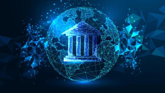 A banking symbol rests inside a digital globe