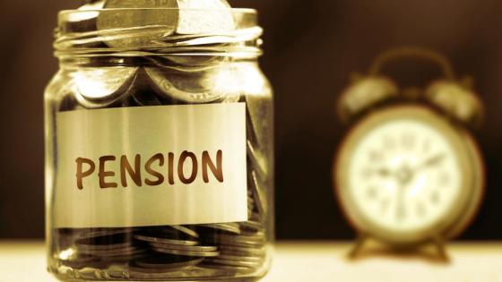A jar of money with a label spelling 'Pension' 