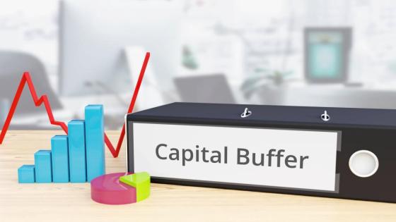 A folder with the words 'Capital Buffer' sits on a desk with graphics of a pie chart and graph