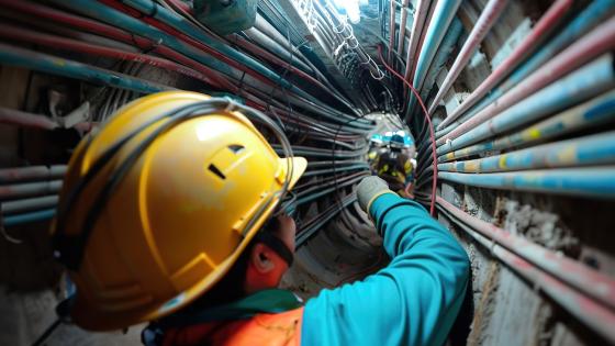 engineer installing fiber optic cables underground