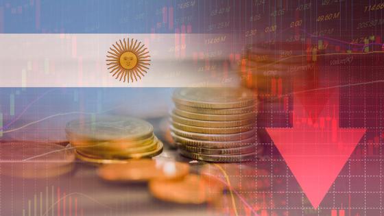 Argentinian flag, coins and downward trending financial charts