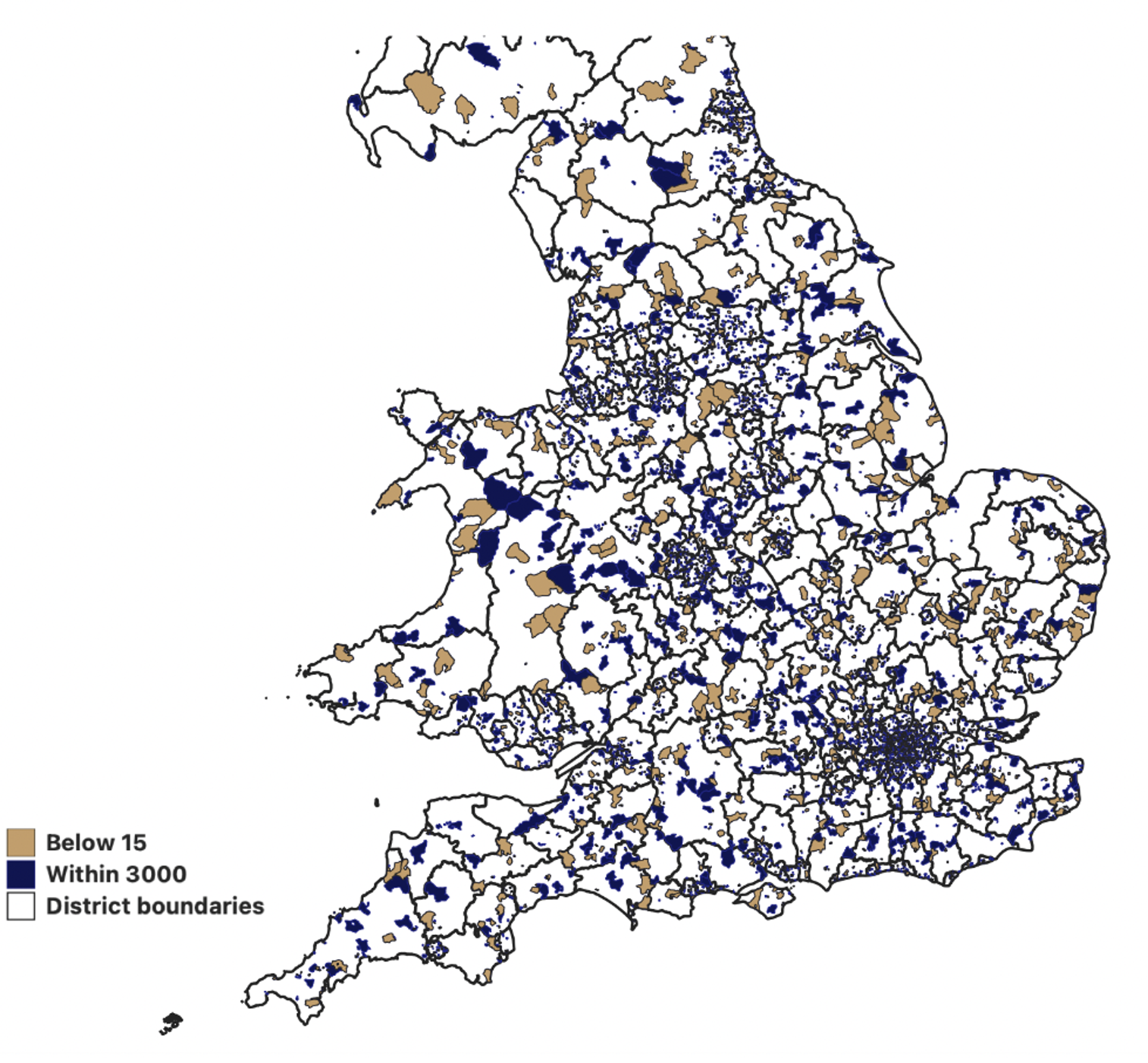 Figure 2 Spatial distribution of eligible areas and areas within chosen bandwidth across England and Wales points to feasibility to estimate heterogenous treatment effects