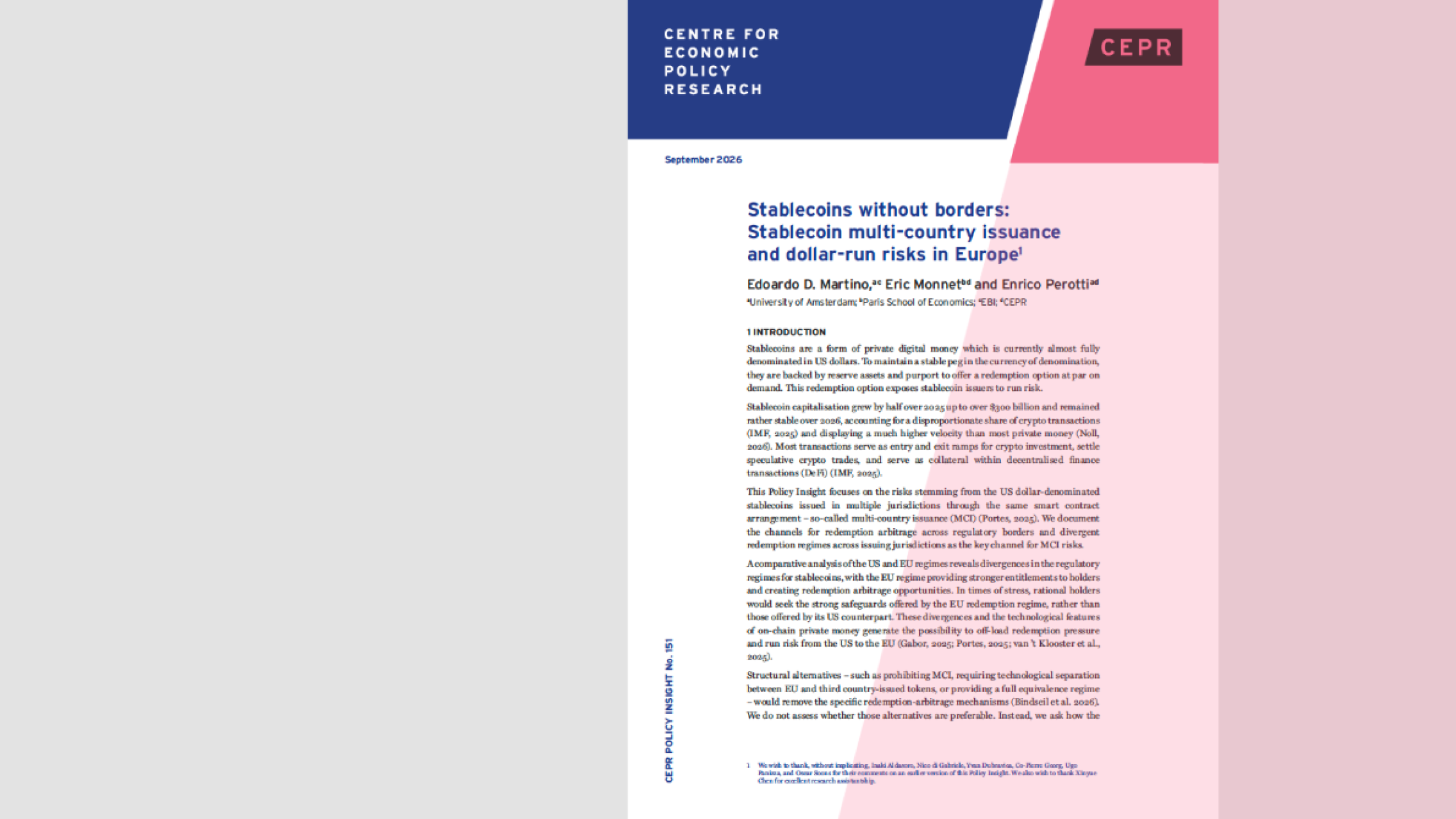 Policy Insight 151: Stablecoins without borders: Stablecoin multi-country issuance and dollar-run risks in Europe. Cover image