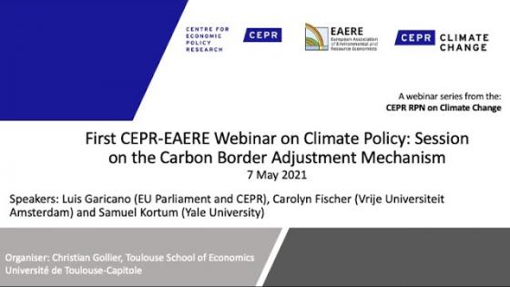 White background black text "First CEPR-EAERE Webinar on Climate Policy: Carbon Border Adjustment Mechanism" with CEPR logo 