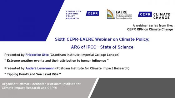 White background with black text "Sixth CEPR/EAERE Webinar on Climate Policy: AR6 of IPCC - State of Science" with CEPR logos 