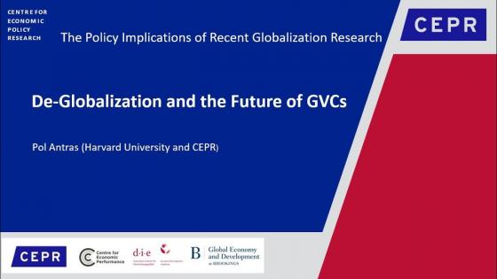 Blue background with white text "The Policy Implications of Recent Globalization Research" with CEPR Logo