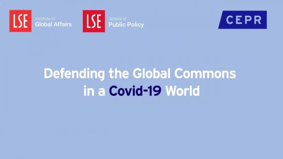 Blue background with white text "Defending the Global Commons in a Covid-19 World"