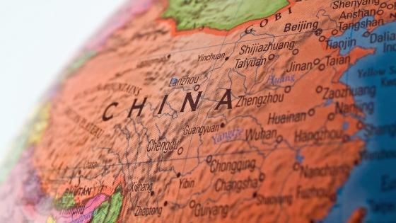Close-up of China on a globe