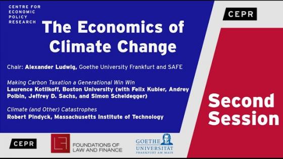 Blue background with white text "The economics of climate change" with CEPR logos