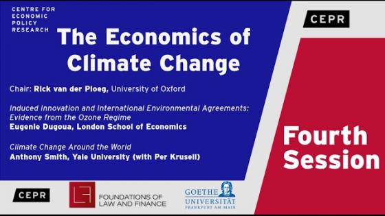 Blue background with white text "The economics of climate change" with CEPR logos