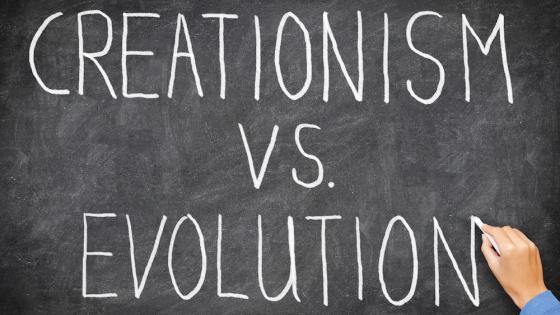 Creationism vs evolution written on blackboard