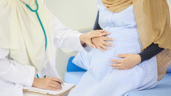 Doctor and pregnant woman, both wearing hijabs