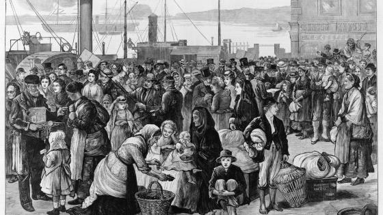 19th-century illustration of emigrants leaving Queenstown in Ireland