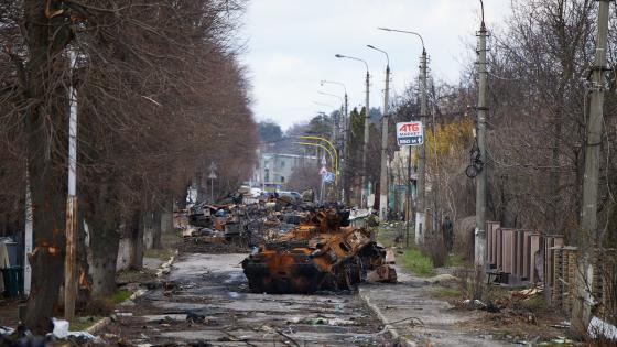 Destroyed tank in the Ukrainian city of Bucha