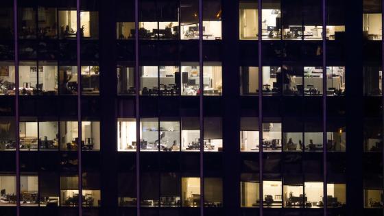 Offices illuminated at night in New York's financial district