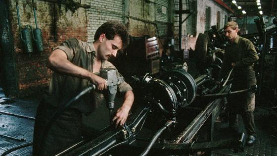 Workers assemble axles at the Lviv Bus Plant