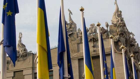 Flags of Ukraine and the European Union on flagpoles near the office of the President of Ukraine