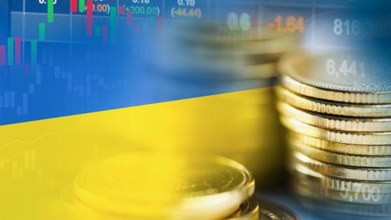 stock market investment trading financial, coin and Ukraine flag 