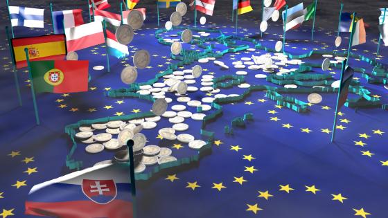 EU member flags, map and euro coins