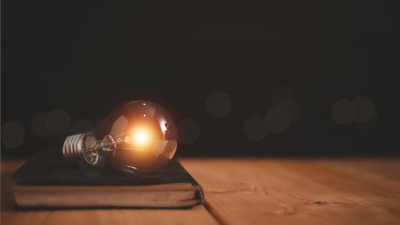 A fading lightbulb rests on a small notebook atop a wooden desk