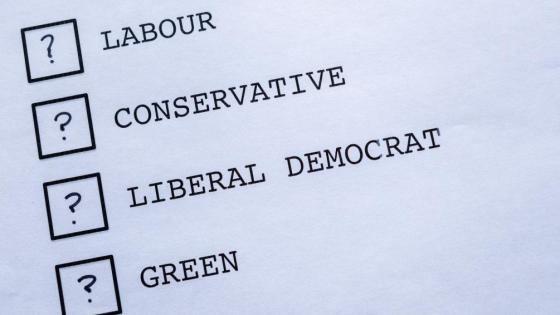 A voting slip with British political parties 