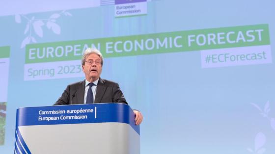 An EU official gives a speech at the European Economic Forecast