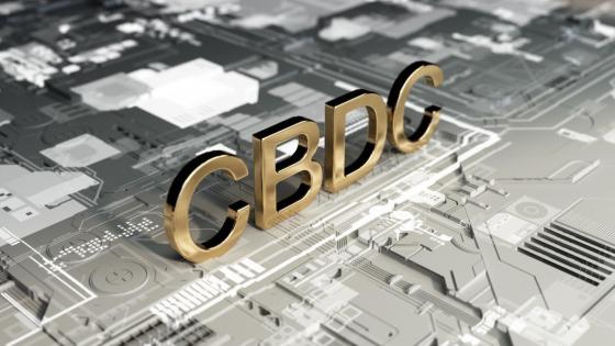 Large letters "CBDC" stand on a landscape similar to a computer chip