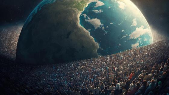 Vast crowds of people swirl around earth
