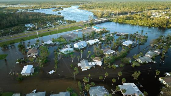 Flooded houses in Florida residential area.