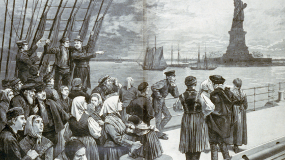 An 1887 illustration of immigrants on an ocean steamer passing the Statue of Liberty in New York Harbor