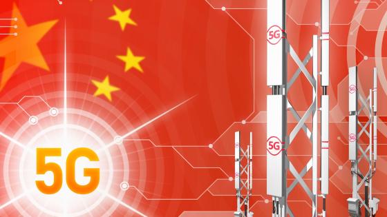 China 5G industrial illustration, big cellular network mast or tower on digital background with Chinese fla