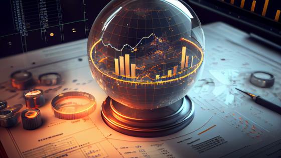 Crystal ball with charts inside on top of financial newspaper