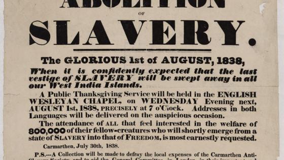 A poster advertising a special chapel service in celebration of the Abolition of Slavery in 1838