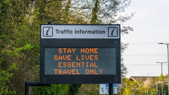 'Stay at home" road sign during Covid-19 lockdown