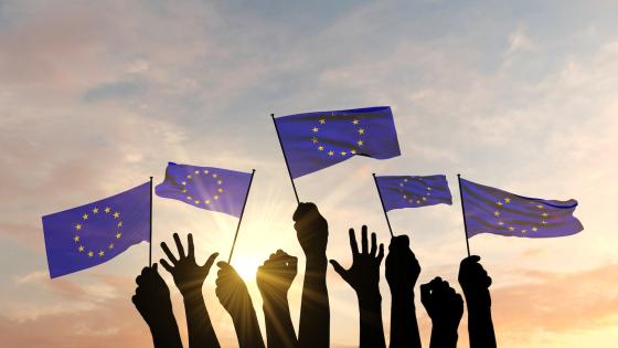 Arms holding EU flags