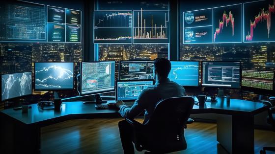 Man Surrounded by Screens Displaying Stock Market Graphs