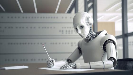 Robot writing at desk