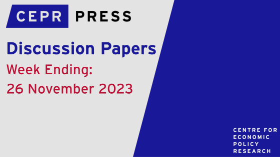 A gray and blue card with the CEPR Press logo, with the text reading: Discussion Papers, Week Ending: 26 November 2023