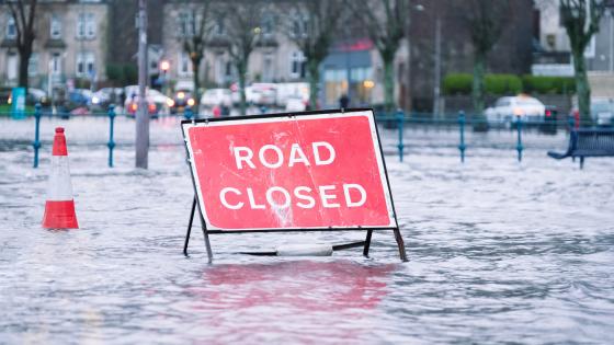 "Road closed" sign during flooding in UK