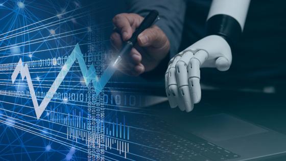 Human hand and robot hand analysing financial charts