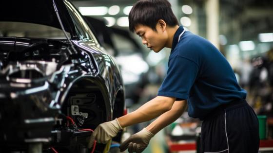 A Chinese worker assembles a car in a factory 