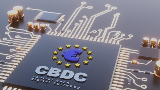 Circuit board labelled with CBDC and euro symbol