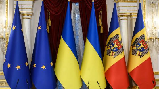 The national flags of Ukraine, Moldova and the flags of the European Union during a diplomatic event in Kyiv, Ukraine