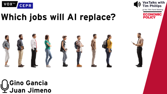 which jobs will ai replace?" featuring lined up diverse people, logo of voxeu and CEPR, and mentions Gino Gancia and Juan Jimeno.