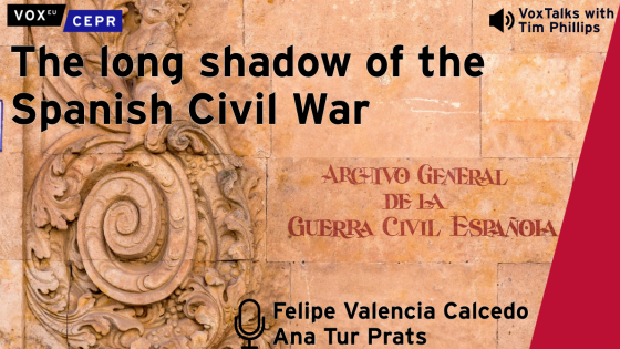 A promotional graphic for a discussion or podcast on the lasting impact of the spanish civil war, featuring the speakers felipe valencia caicedo and ana tur prats