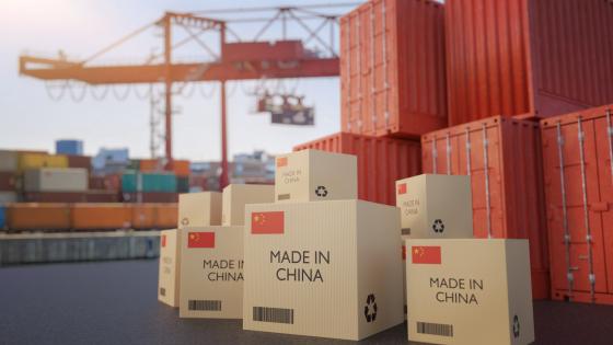 Boxes labelled "Made in China" in shipping port