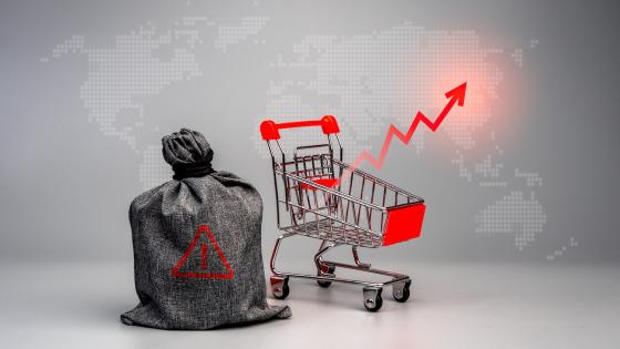 warning money bag and shopping cart with rising arrow