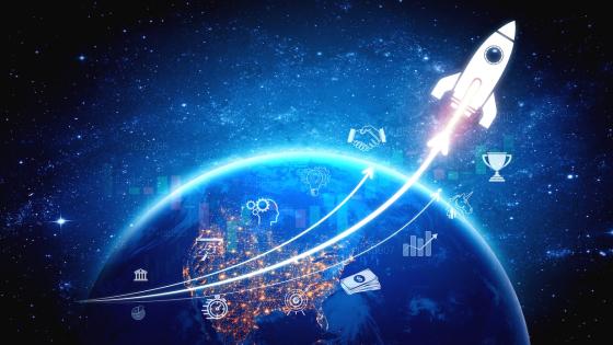 Rocket launching from earth with funding icons