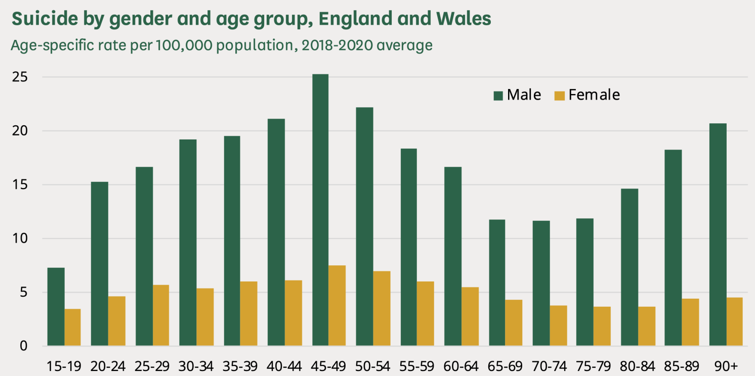 Figure 1 Suicide rates by age in England and Wales